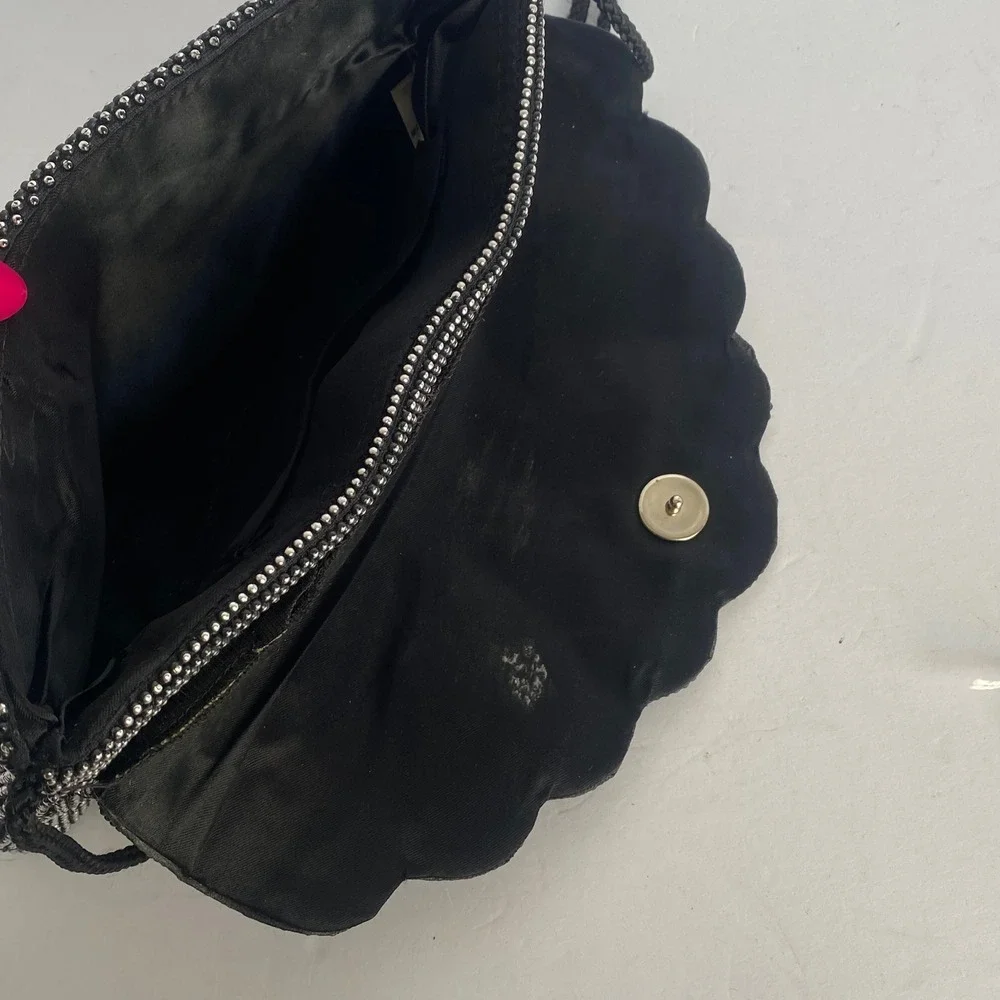 Beaded Evening Clutch Bag Womens Black Silver Scalloped Shell